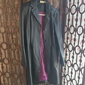 Kim Rogers Black Leather Coat with Plum Lining
